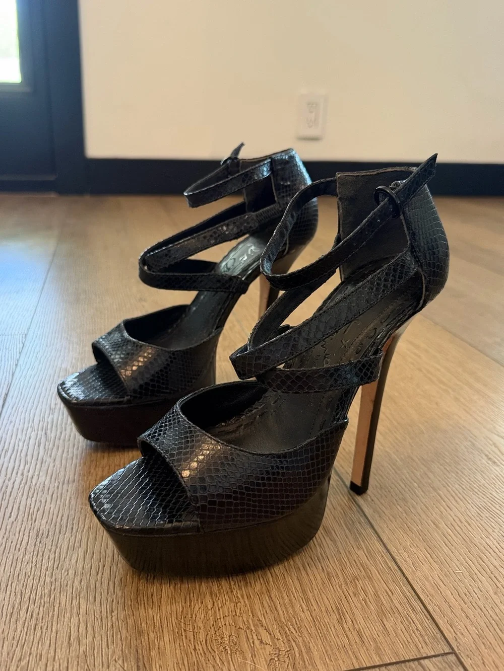 Alice + Olivia Black Snake-Embossed Platform Strappy Heels